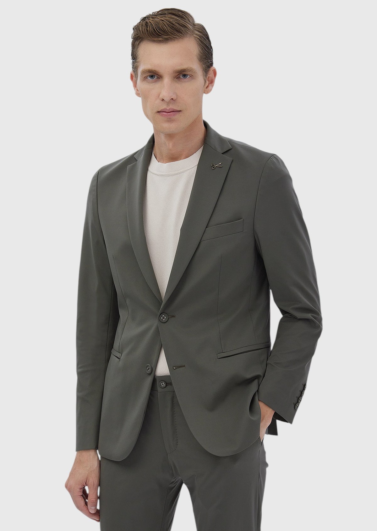 Haki Düz Comfort Fit Örme Takım Elbise