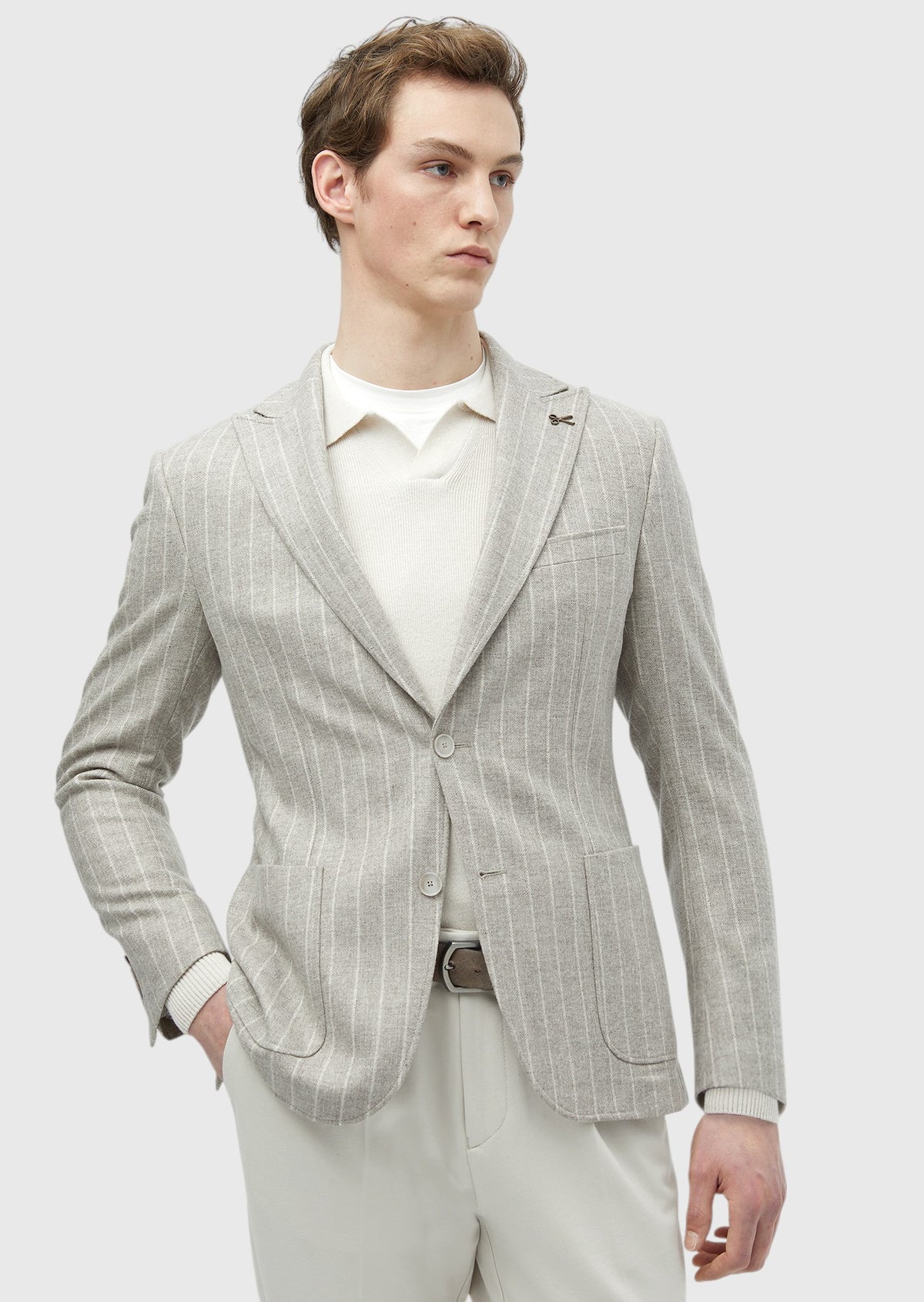 Bej Çizgili Zeroweight Slim Fit Yün Karışımlı Ceket