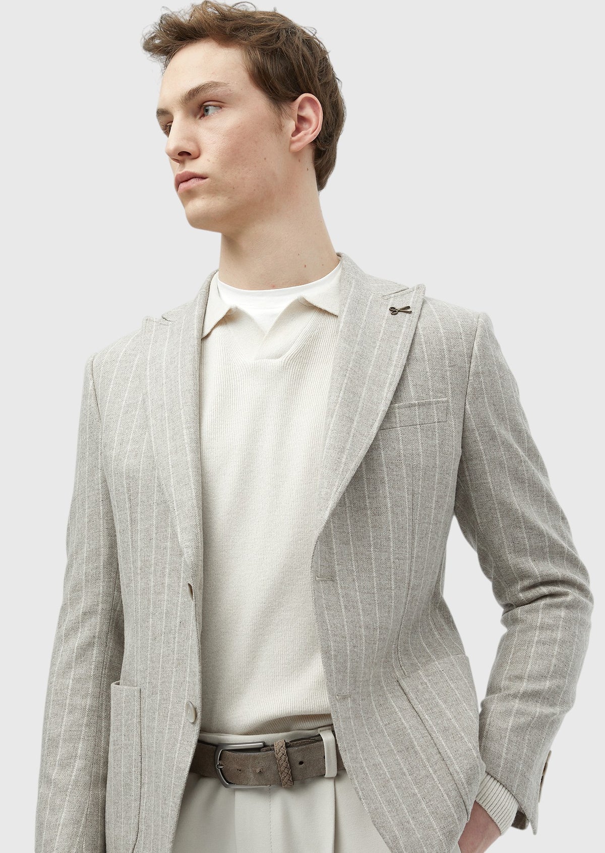 Bej Çizgili Zeroweight Slim Fit Yün Karışımlı Ceket