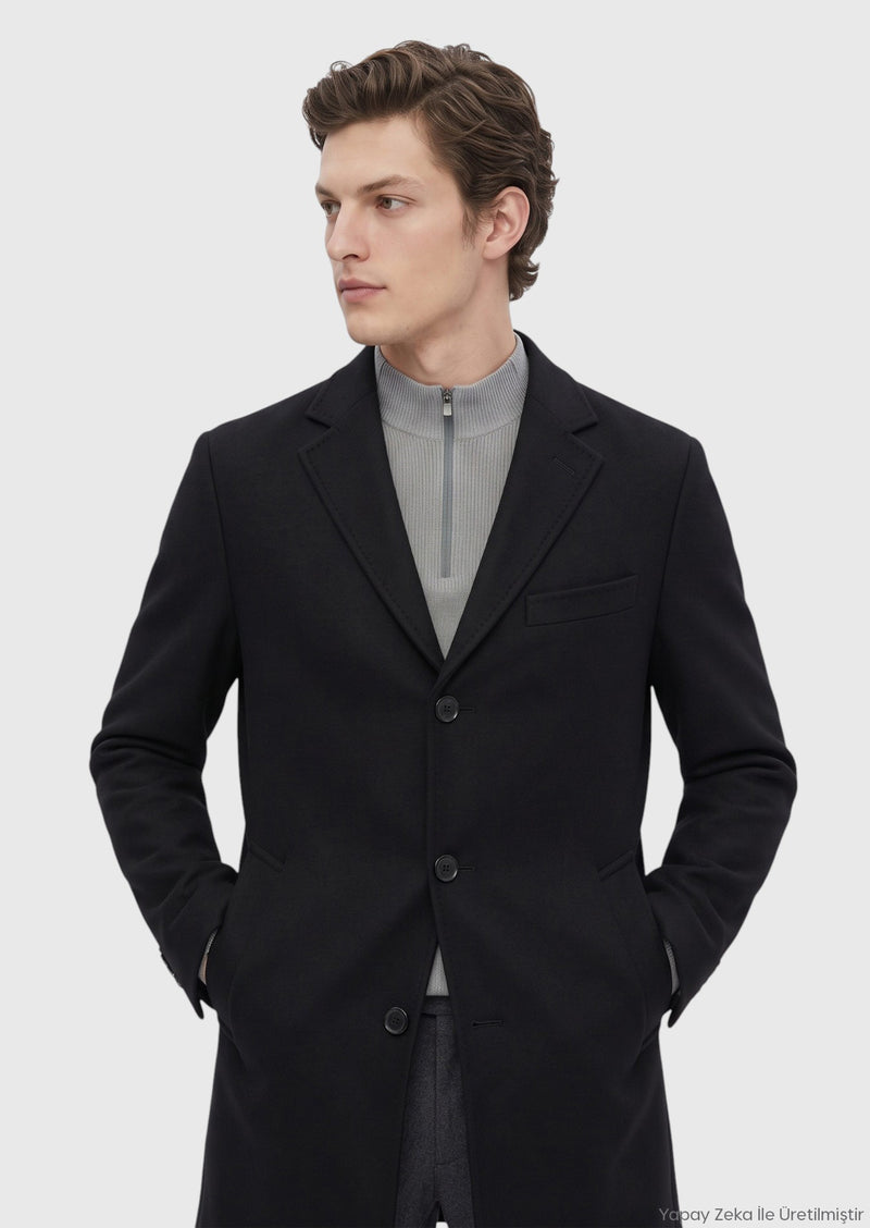 Siyah Regular Fit Kelebek Yaka Klasik Dokuma Palto