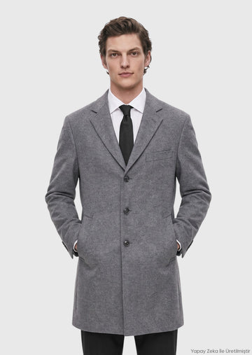 Gri Regular Fit Kelebek Yaka Dokuma Palto