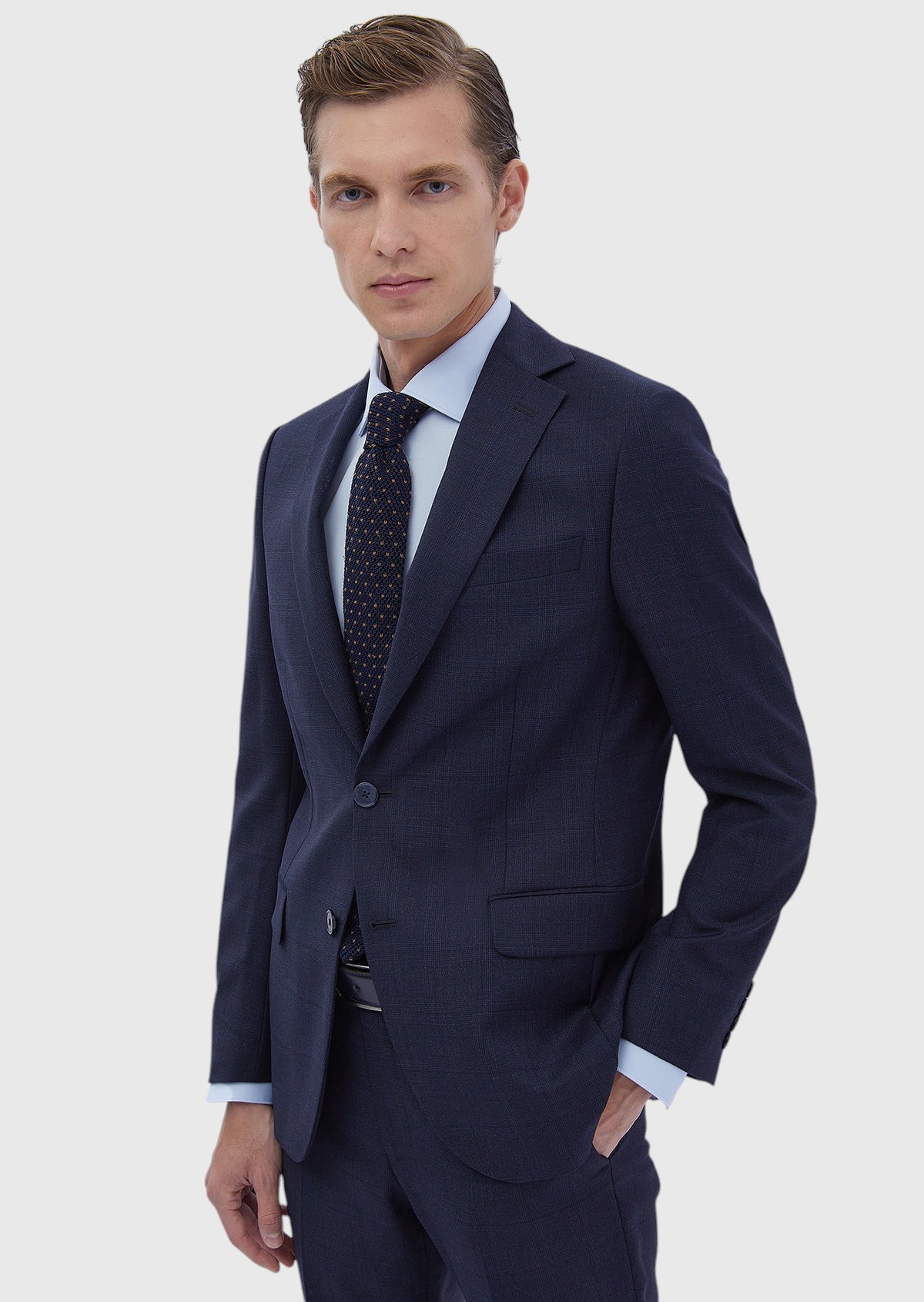Lacivert Desenli Modern Fit %100 Yün Takım Elbise