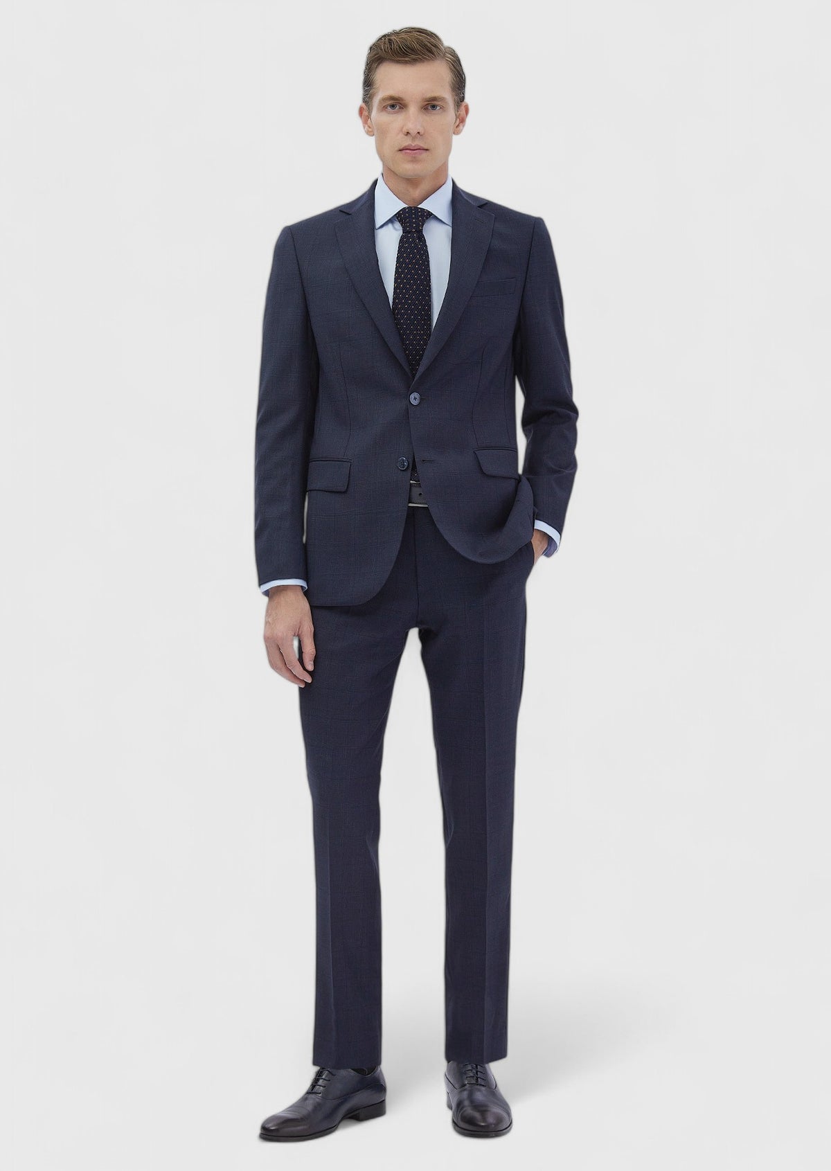 Lacivert Desenli Modern Fit %100 Yün Takım Elbise