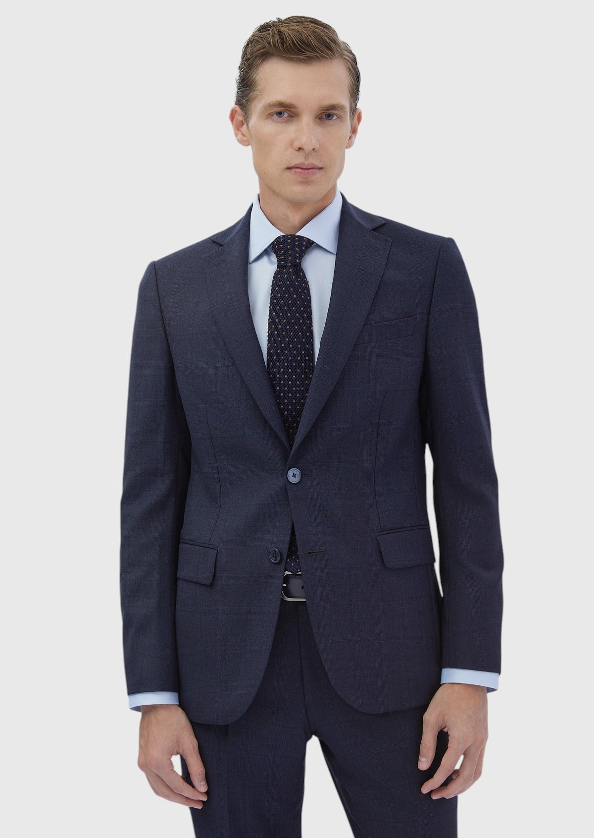 Lacivert Desenli Modern Fit %100 Yün Takım Elbise