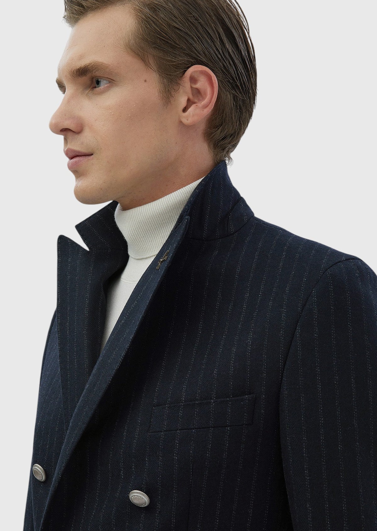 Lacivert Çizgili Shirt Shoulder Slim Fit Yün Karışımlı Ceket