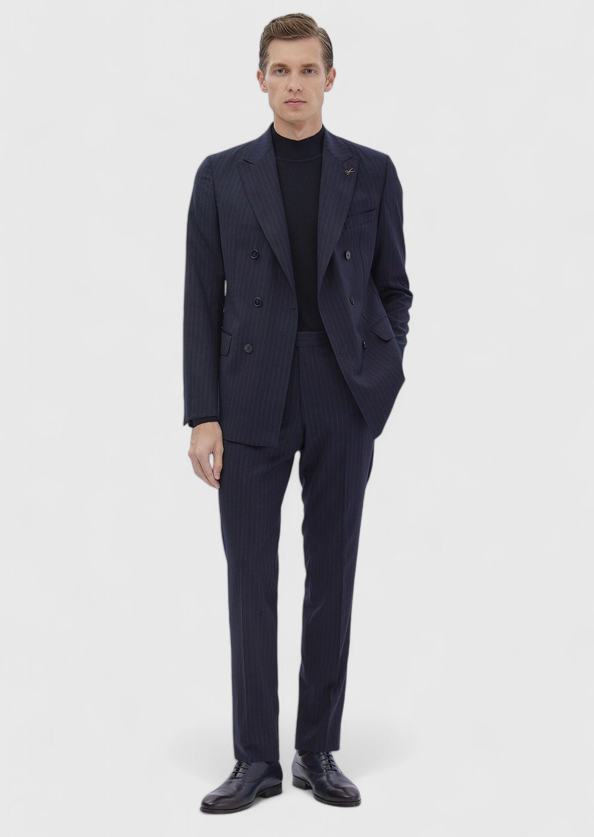 Lacivert Çizgili Zeroweight Slim Fit %100 Yün Takım Elbise