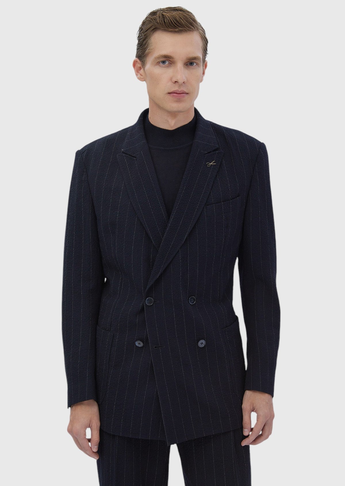 Navy Blue Striped Oversize Fit Cotton Blended Suit