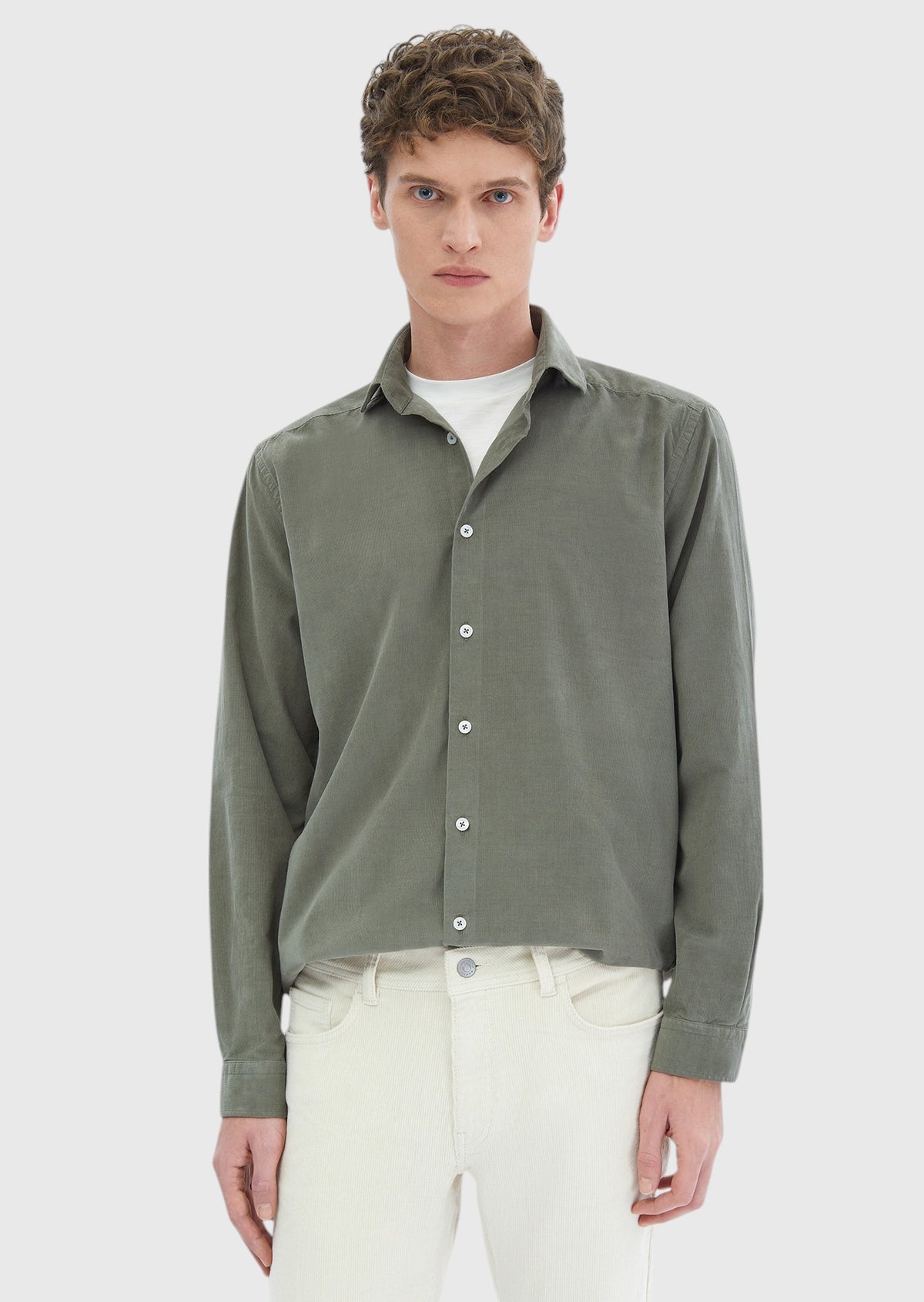 Açık Yeşil Düz Casual Fit Uzun Dokuma Kadife Casual %100 Pamuk Gömlek