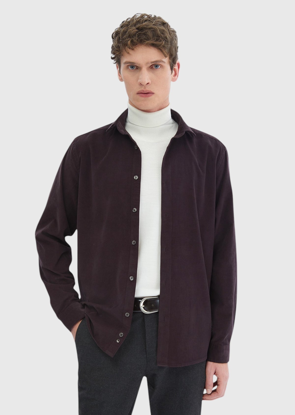 Mürdüm Düz Casual Fit Uzun Dokuma Kadife Casual %100 Pamuk Gömlek