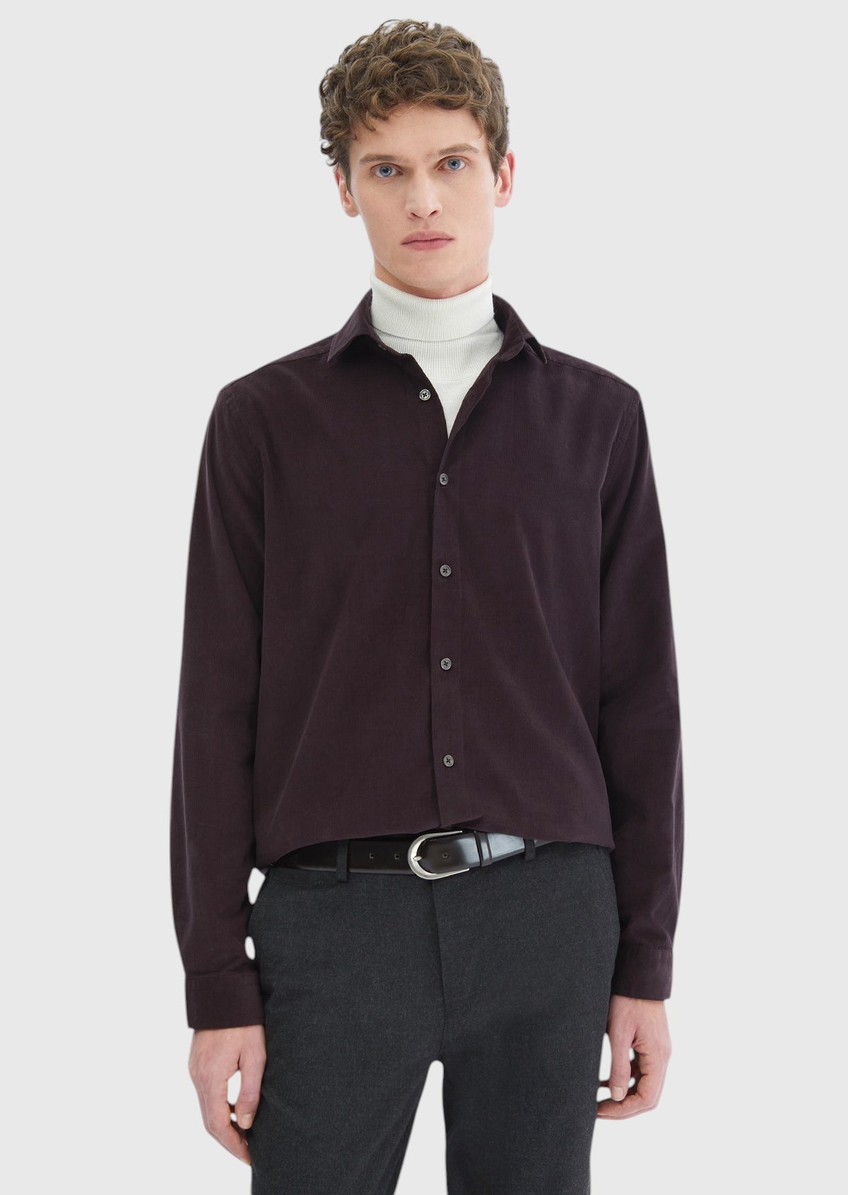 Mürdüm Düz Casual Fit Uzun Dokuma Kadife Casual %100 Pamuk Gömlek