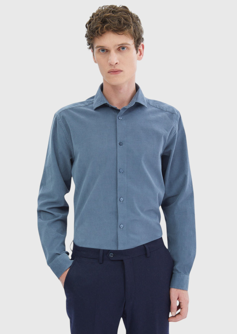 Mavi Düz Casual Fit Uzun Dokuma Kadife Casual %100 Pamuk Gömlek