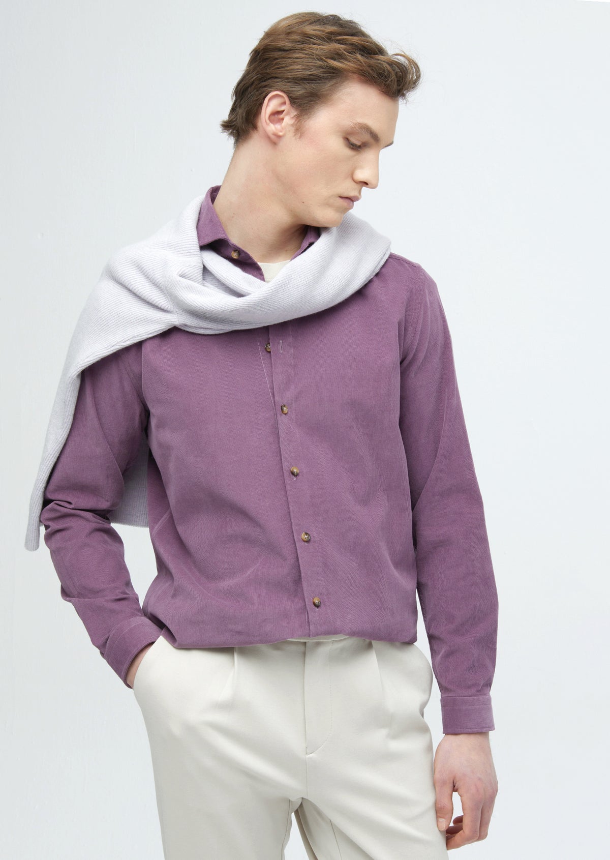Lila Düz Casual Fit Uzun Dokuma Kadife Casual %100 Pamuk Gömlek
