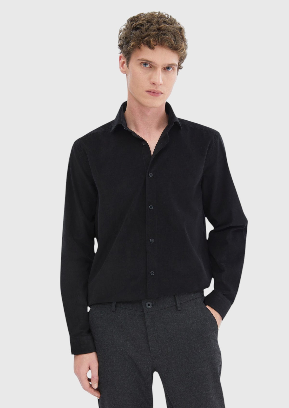 Siyah Düz Casual Fit Uzun Dokuma Kadife Casual %100 Pamuk Gömlek