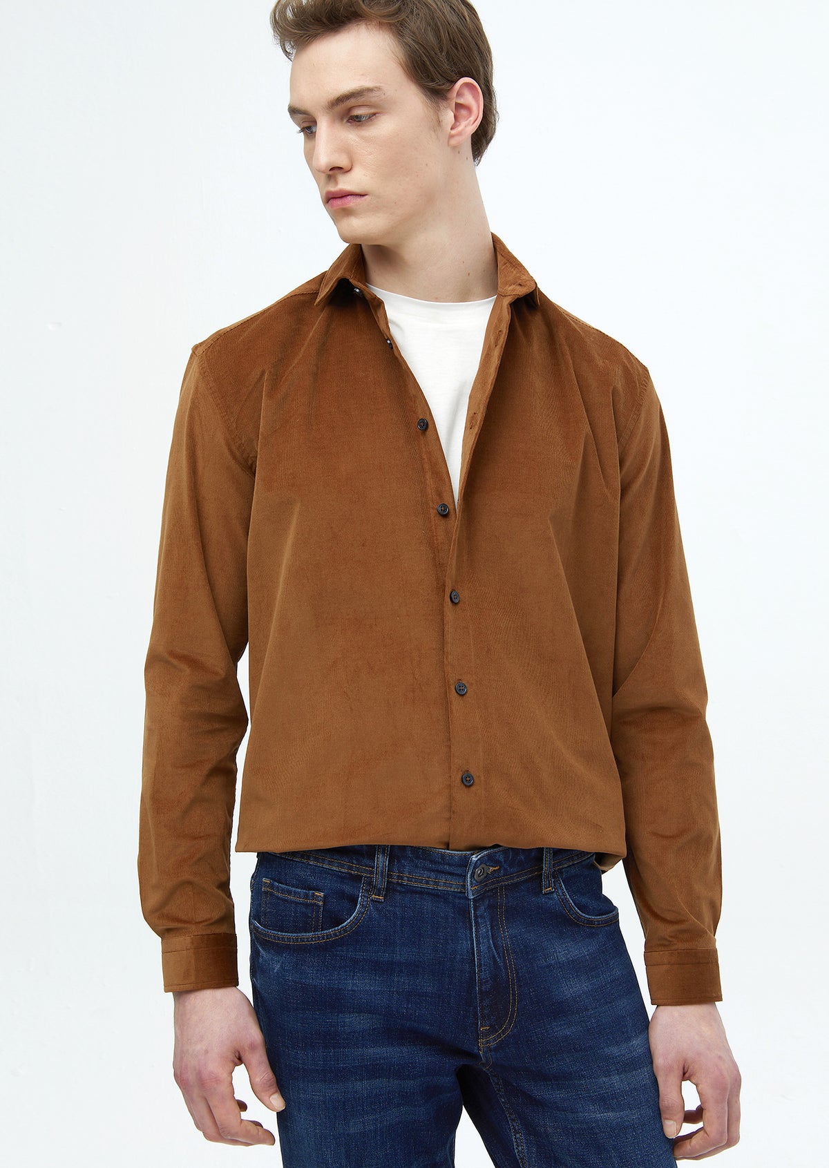 Kahverengi Düz Casual Fit Uzun Dokuma Kadife Casual %100 Pamuk Gömlek
