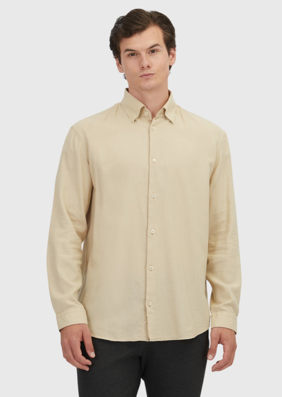 Bej Düz Loose Fit Uzun Dokuma Casual Yün Karışımlı Gömlek