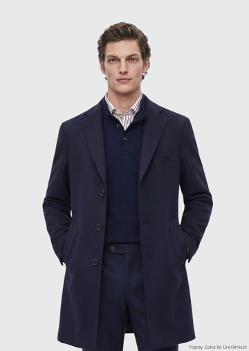 Lacivert Regular Fit Kelebek Yaka Dokuma Palto