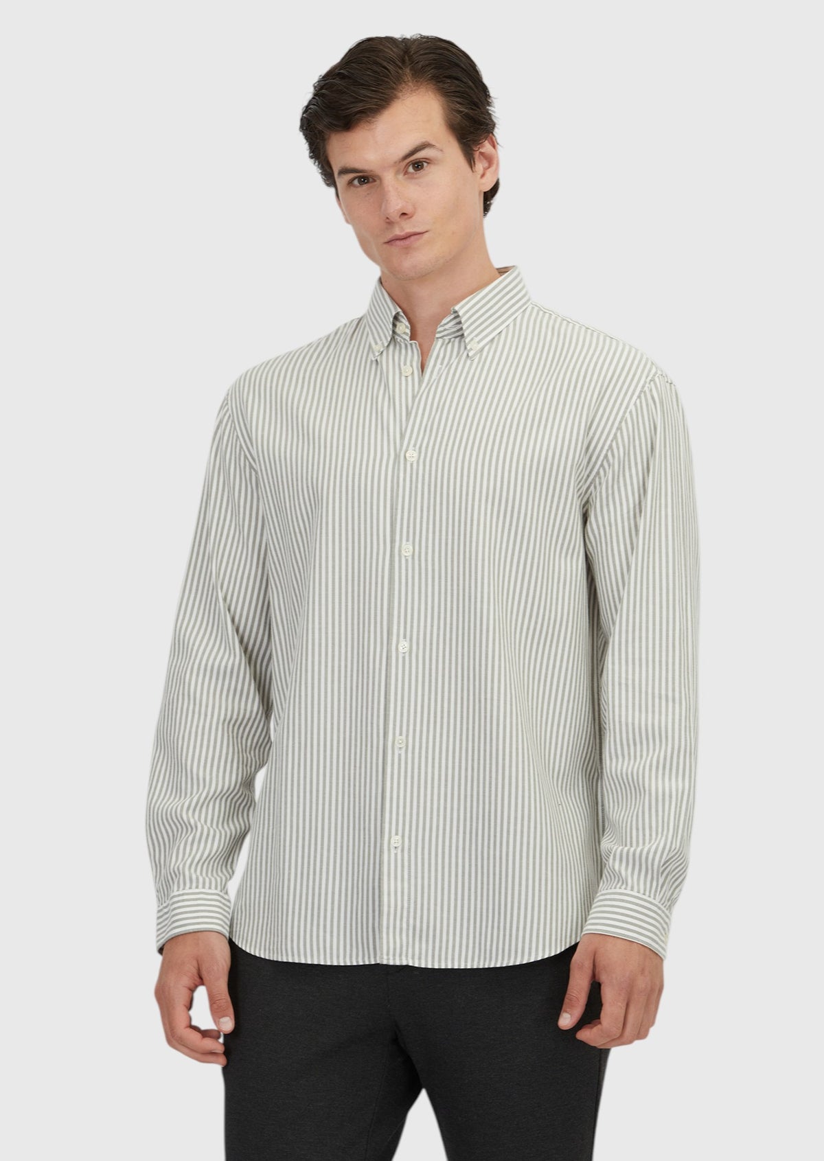 Yeşil Çizgili Loose Fit Uzun Dokuma Casual Pamuk Karışımlı Gömlek