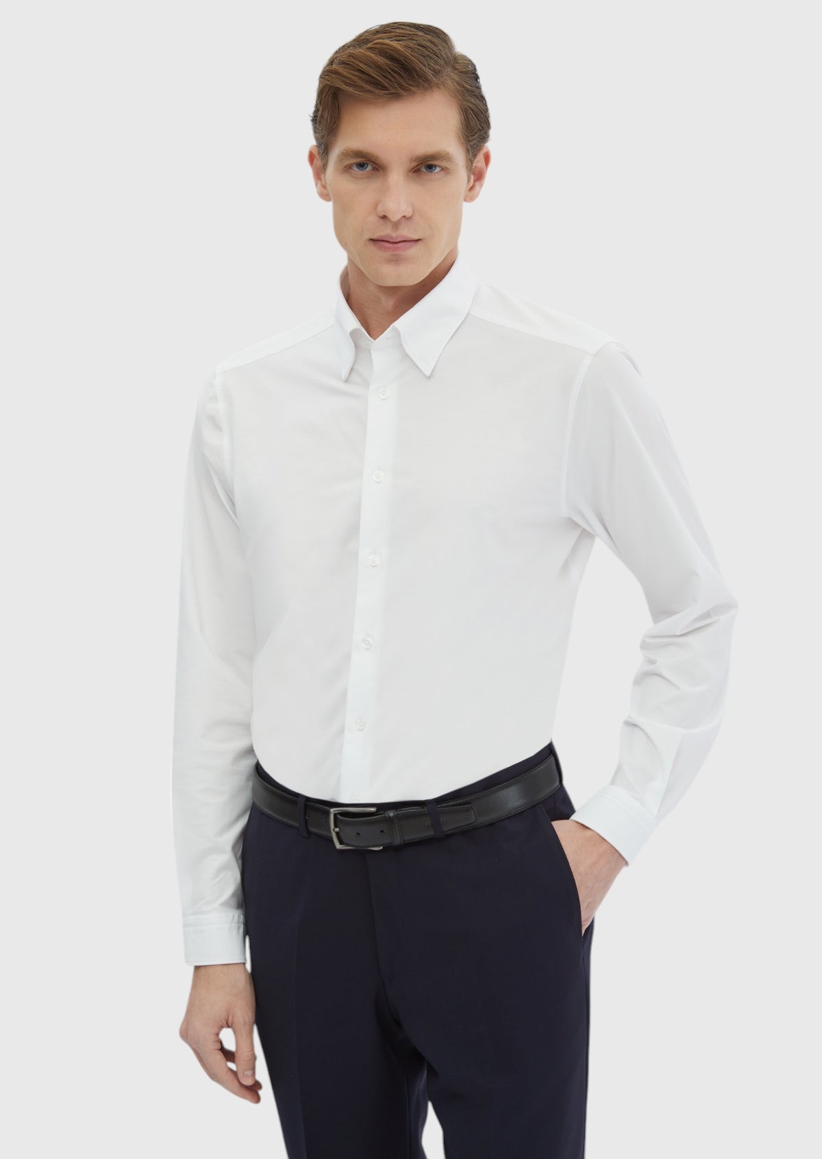 Beyaz Düz Casual Fit Uzun Casual Pamuk Karışımlı Gömlek
