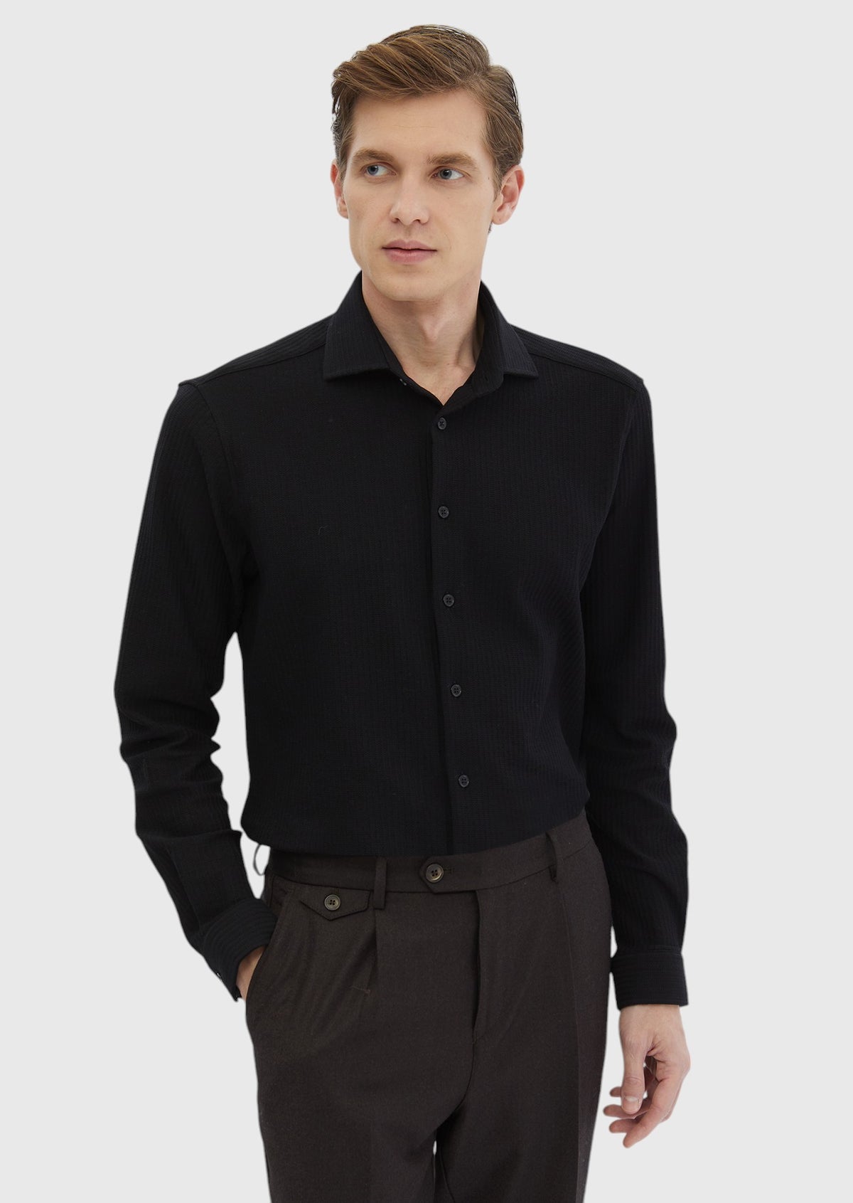 Siyah Çizgili Casual Fit Uzun Casual %100 Pamuk Gömlek