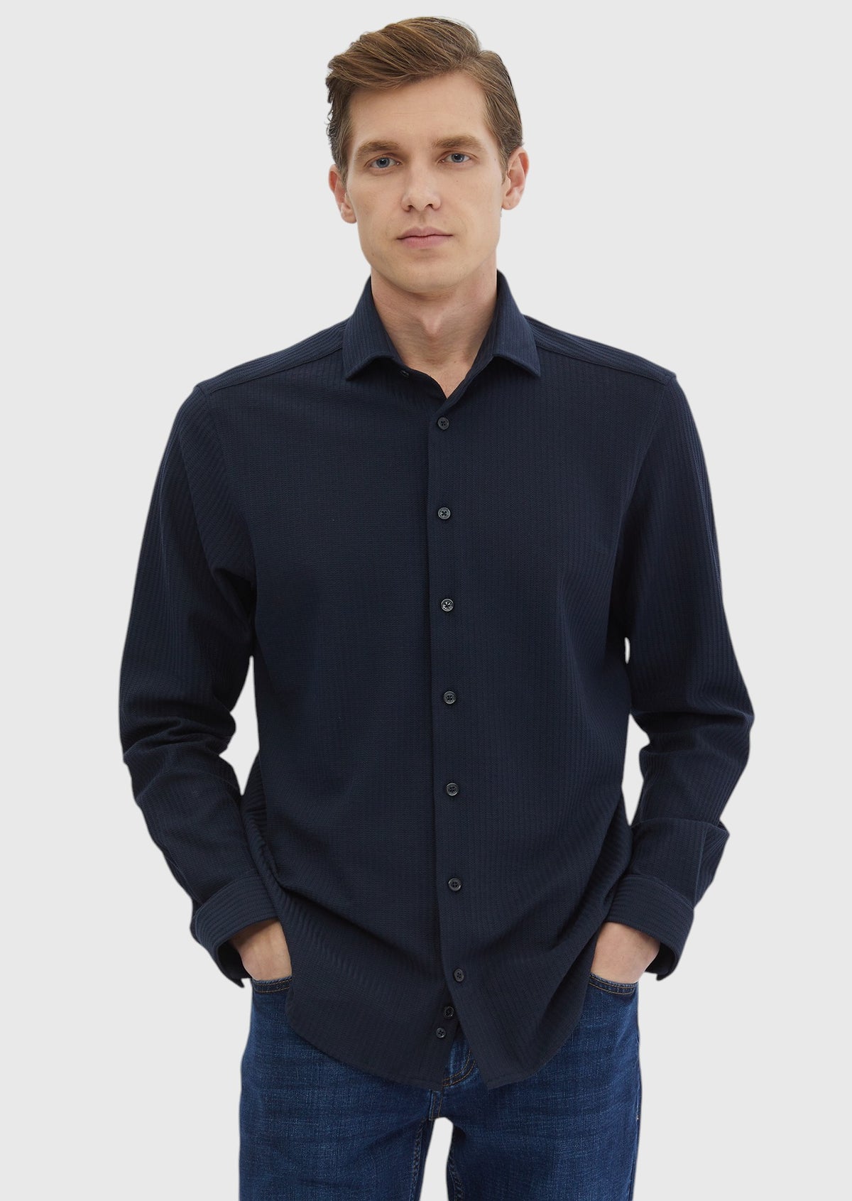 Lacivert Çizgili Casual Fit Uzun Casual %100 Pamuk Gömlek