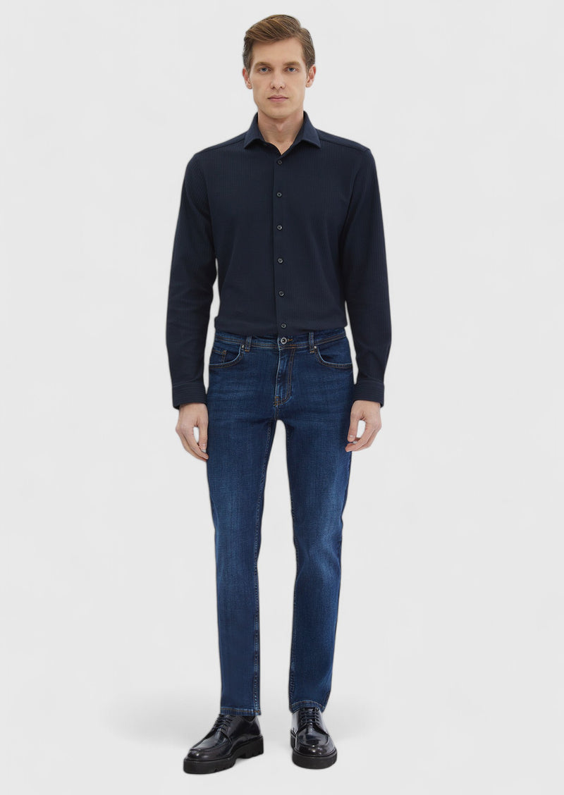 Lacivert Çizgili Casual Fit Uzun Casual %100 Pamuk Gömlek