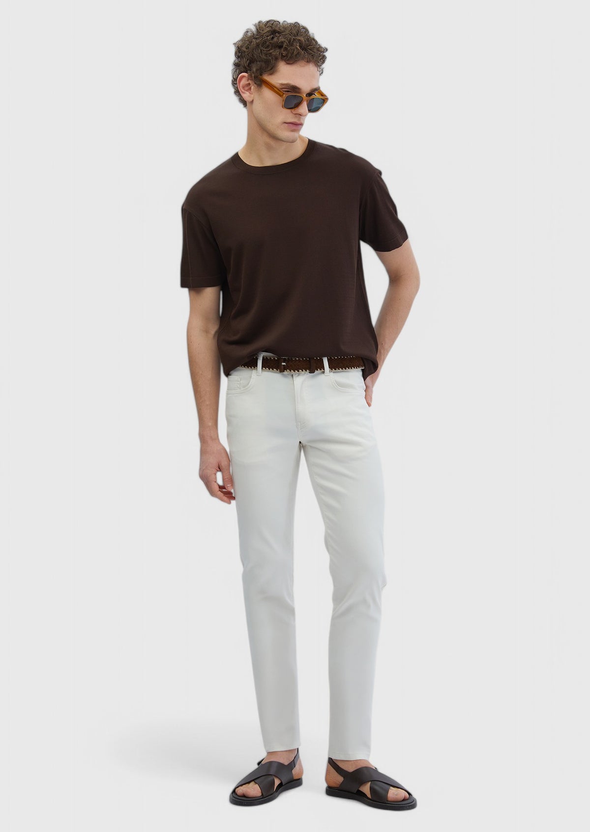 Ekru Düz Dokuma Slim Fit Casual Pamuk Karışımlı Pantolon