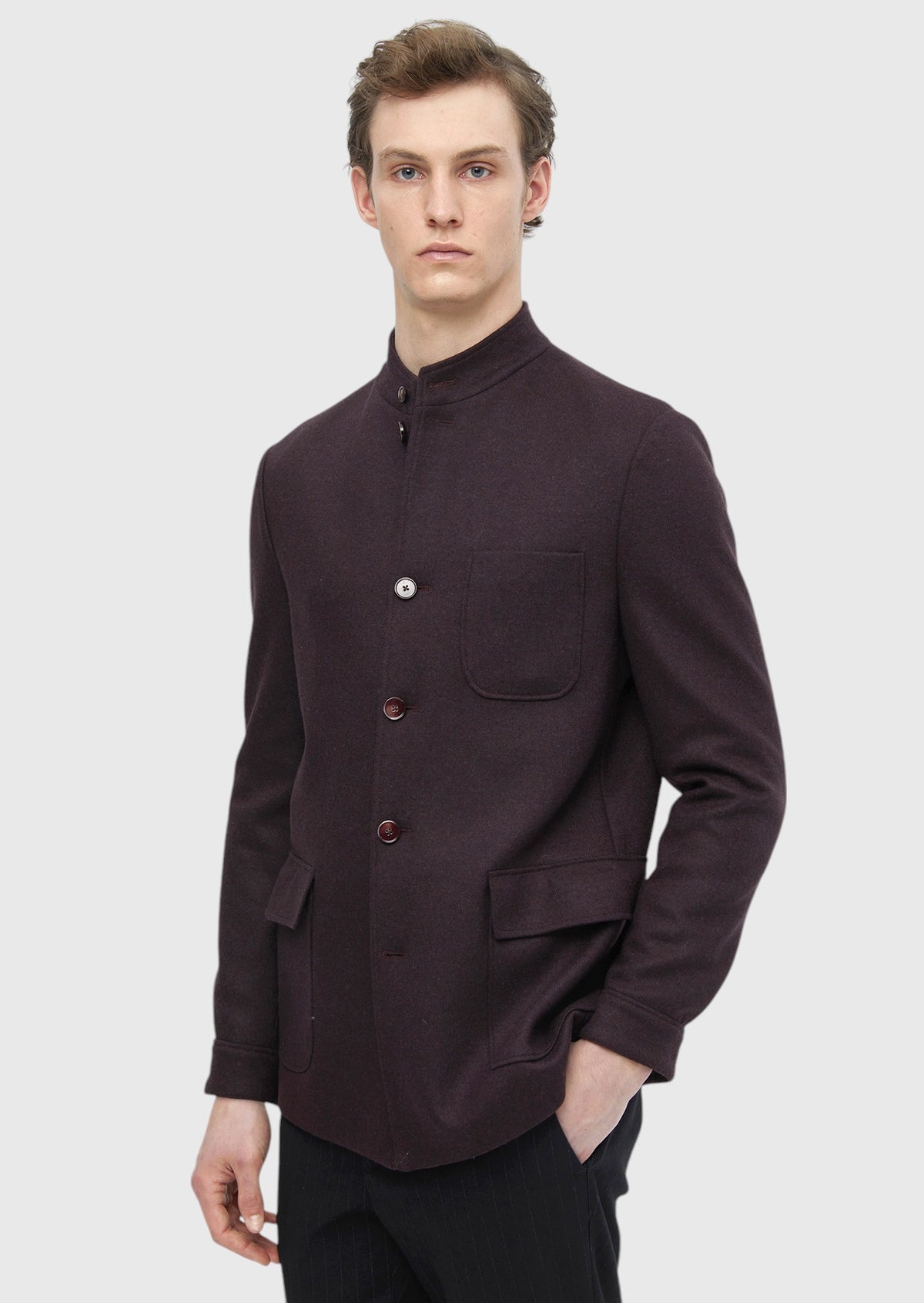 Bordo Düz Shirt Shoulder Slim Fit Yün Karışımlı Örme Ceket