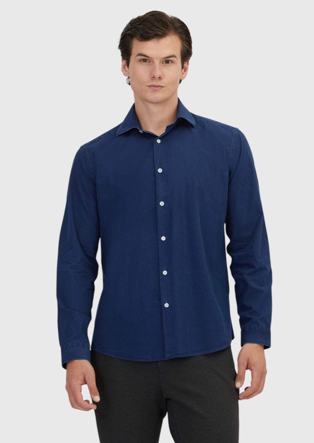 İndigo Düz Casual Fit Uzun Dokuma Casual %100 Pamuk Gömlek