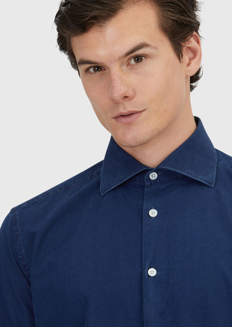 İndigo Düz Casual Fit Uzun Dokuma Casual %100 Pamuk Gömlek