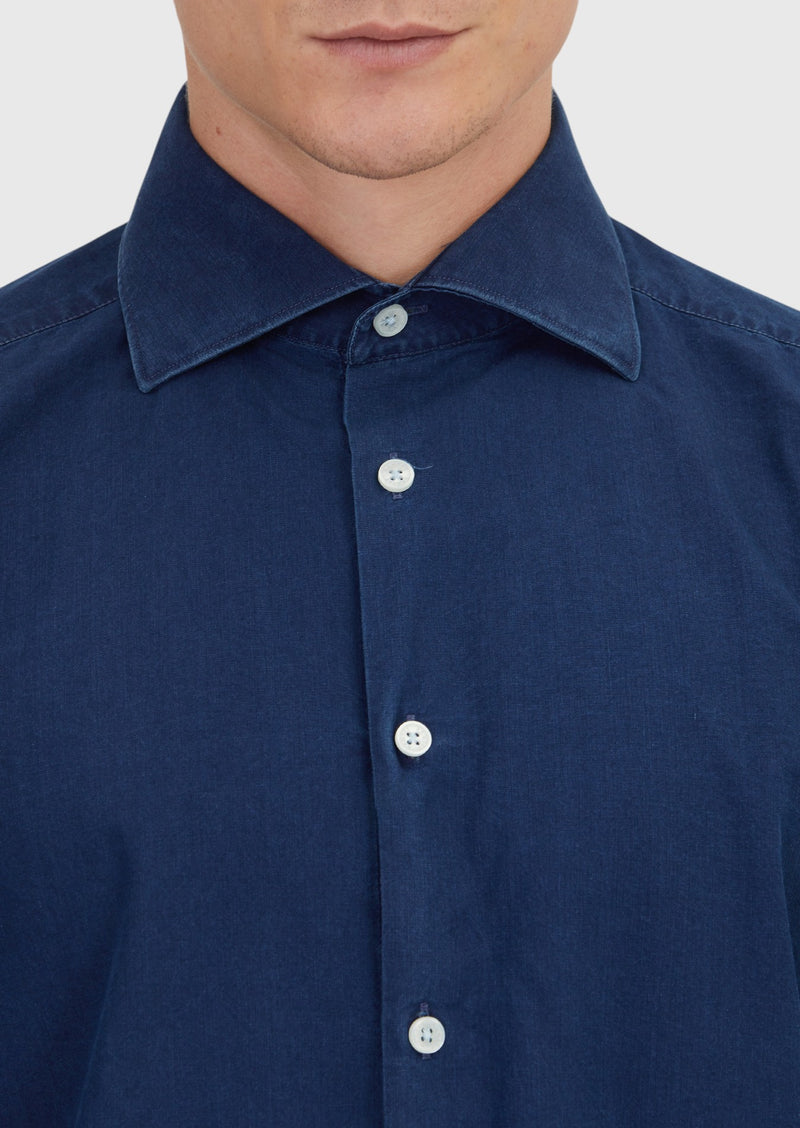 İndigo Düz Casual Fit Uzun Dokuma Casual %100 Pamuk Gömlek