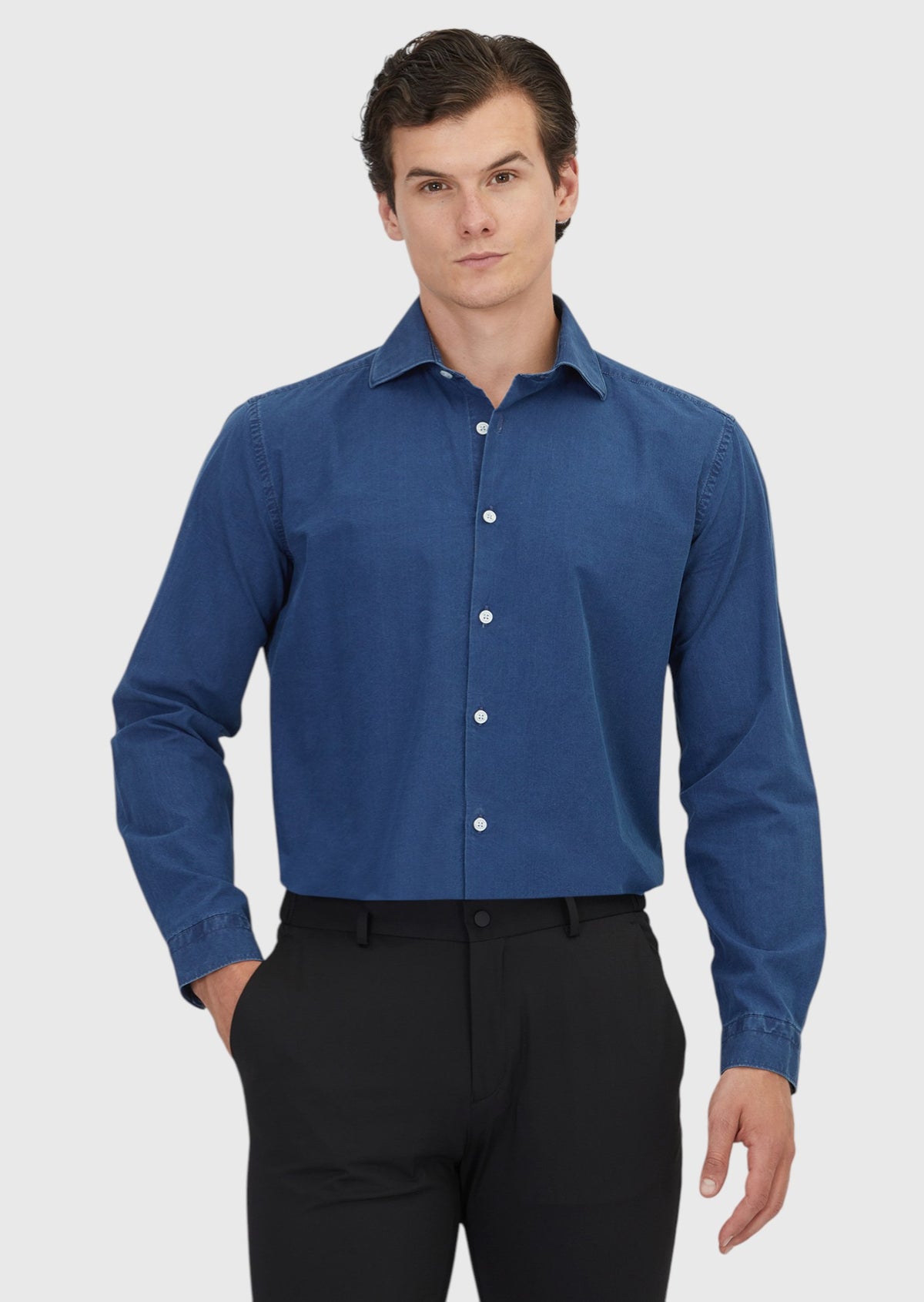Açık İndigo Düz Casual Fit Uzun Dokuma Casual %100 Pamuk Gömlek