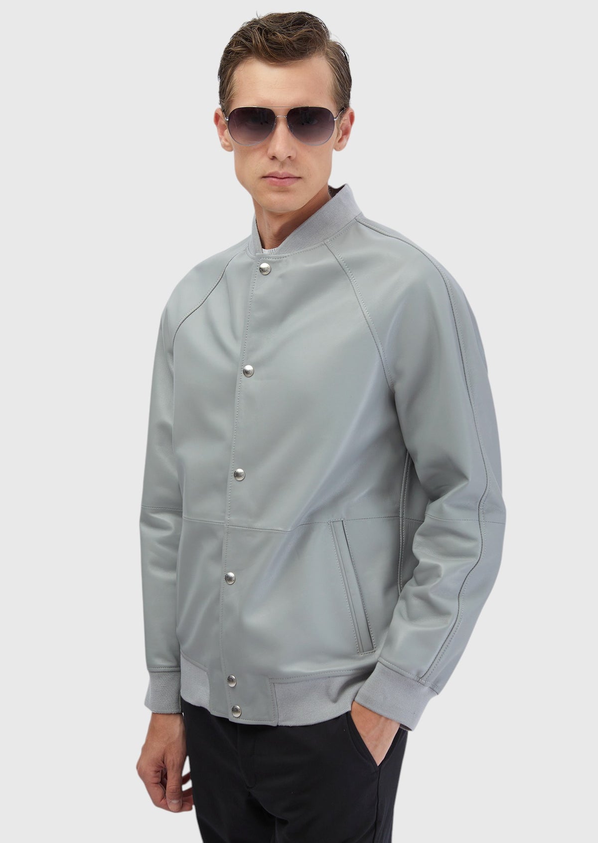 Gri Regular Fit Dik Yaka Casual Koyun Derisi Deri Mont