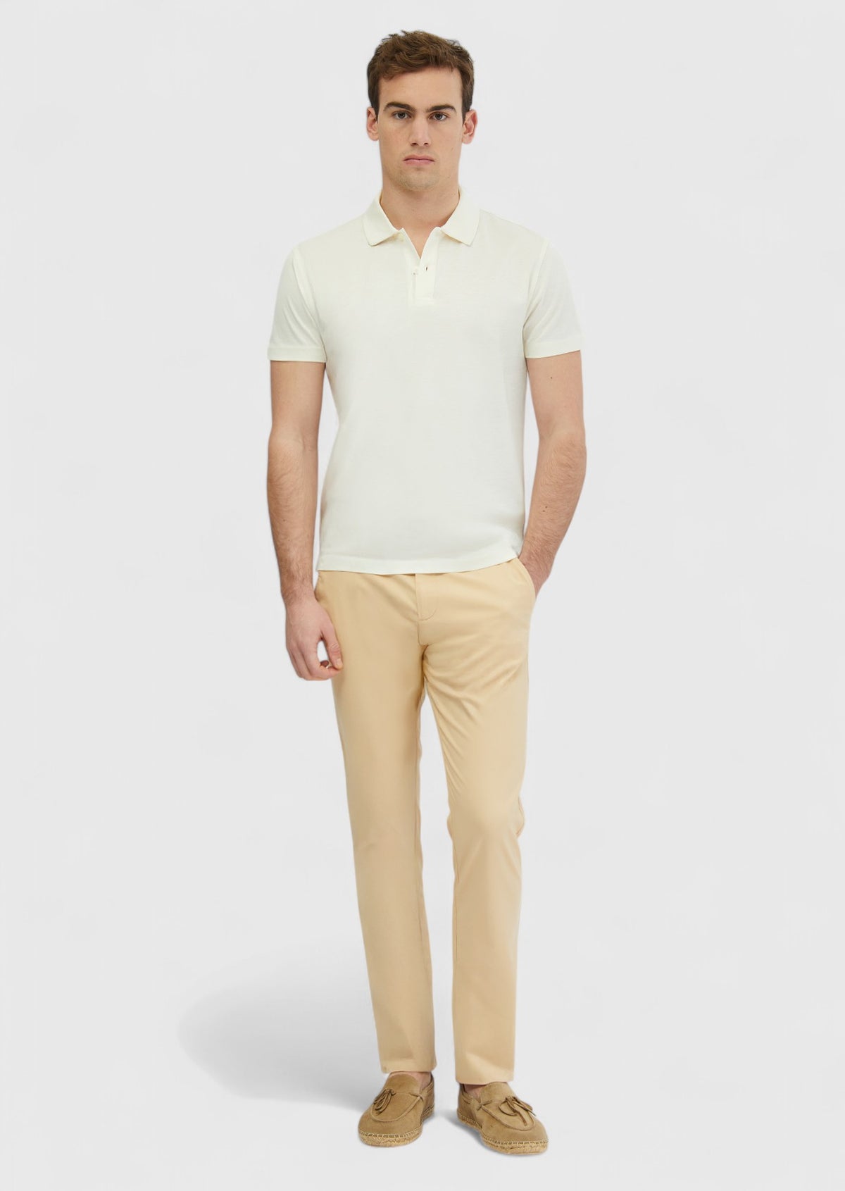 Ekru Düz Polo Yaka %100 Pamuk T-Shirt