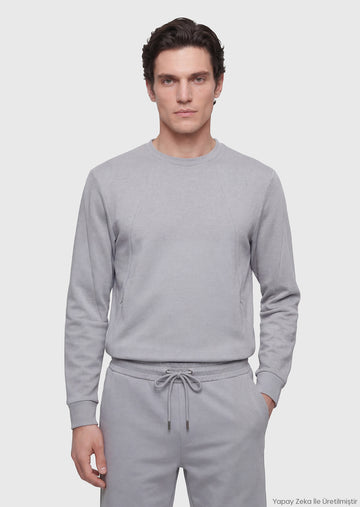 Açık Gri Bisiklet Yaka Düz Sweatshirt