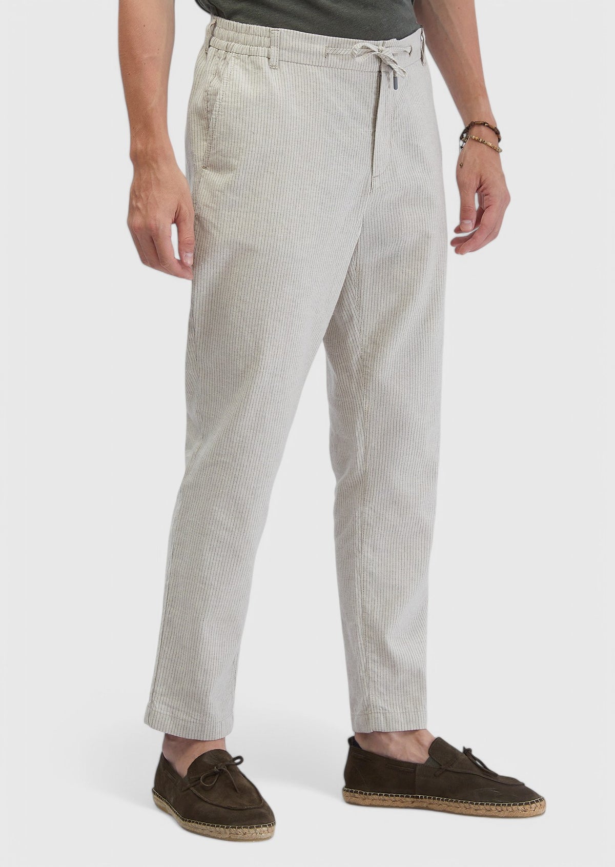 Bej Çizgili Dokuma Jogging Fit Casual Pamuk Karışımlı Pantolon