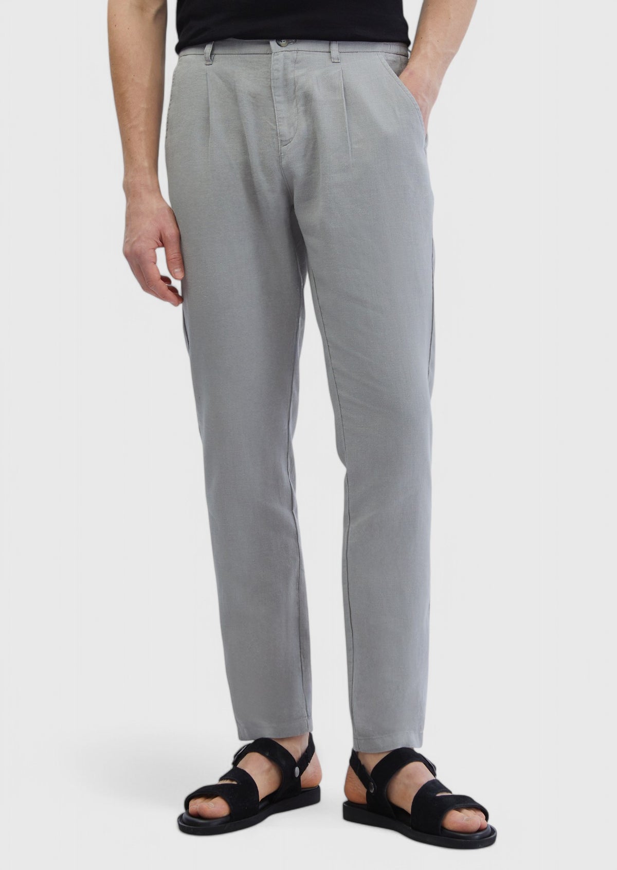 Gri Düz Dokuma Jogging Fit Casual %100 Keten Pantolon