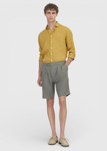 Haki Düz Dokuma Carrot Fit Casual %100 Keten Bermuda