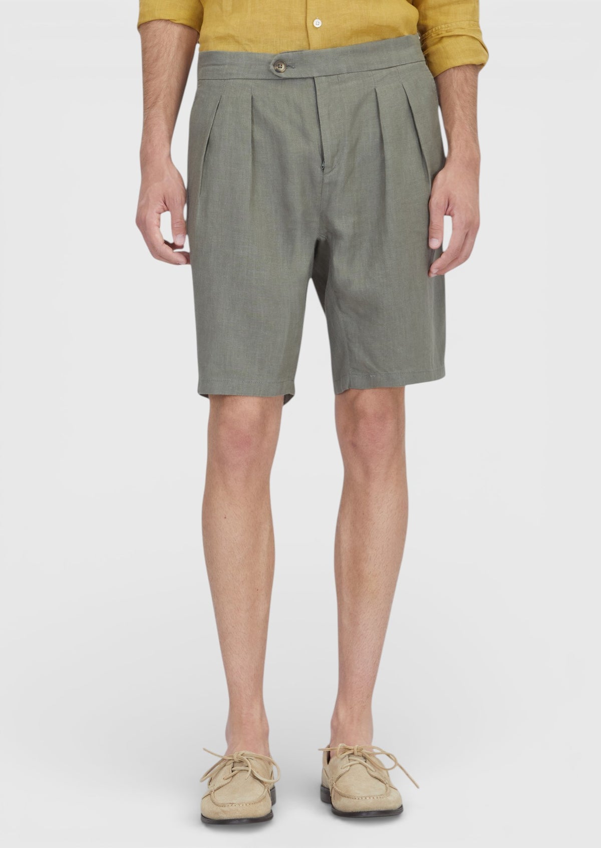 Haki Düz Dokuma Carrot Fit Casual %100 Keten Bermuda