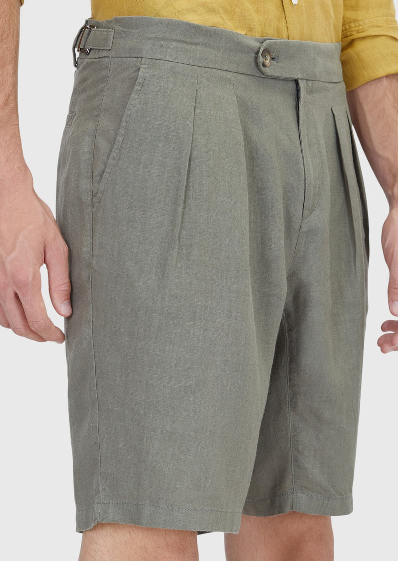Haki Düz Dokuma Carrot Fit Casual %100 Keten Bermuda