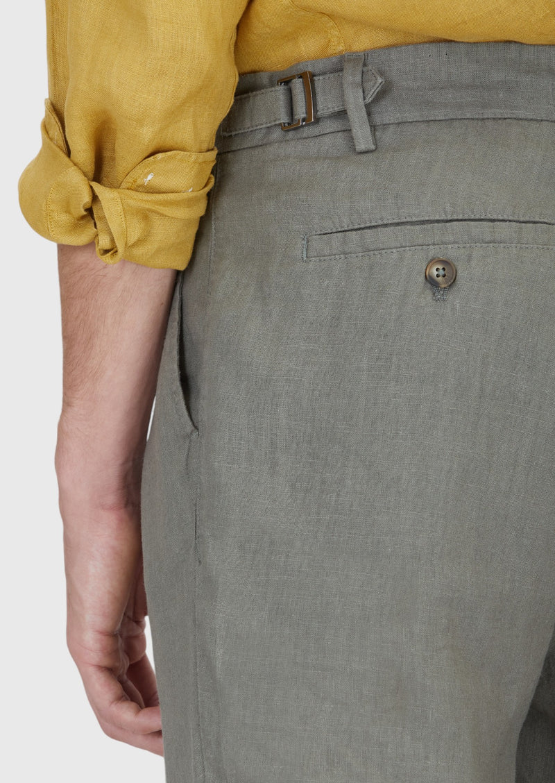 Haki Düz Dokuma Carrot Fit Casual %100 Keten Bermuda