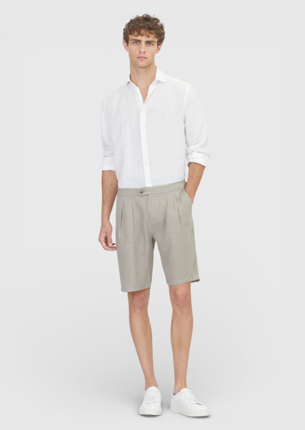 Vizon Düz Dokuma Carrot Fit Casual %100 Keten Bermuda
