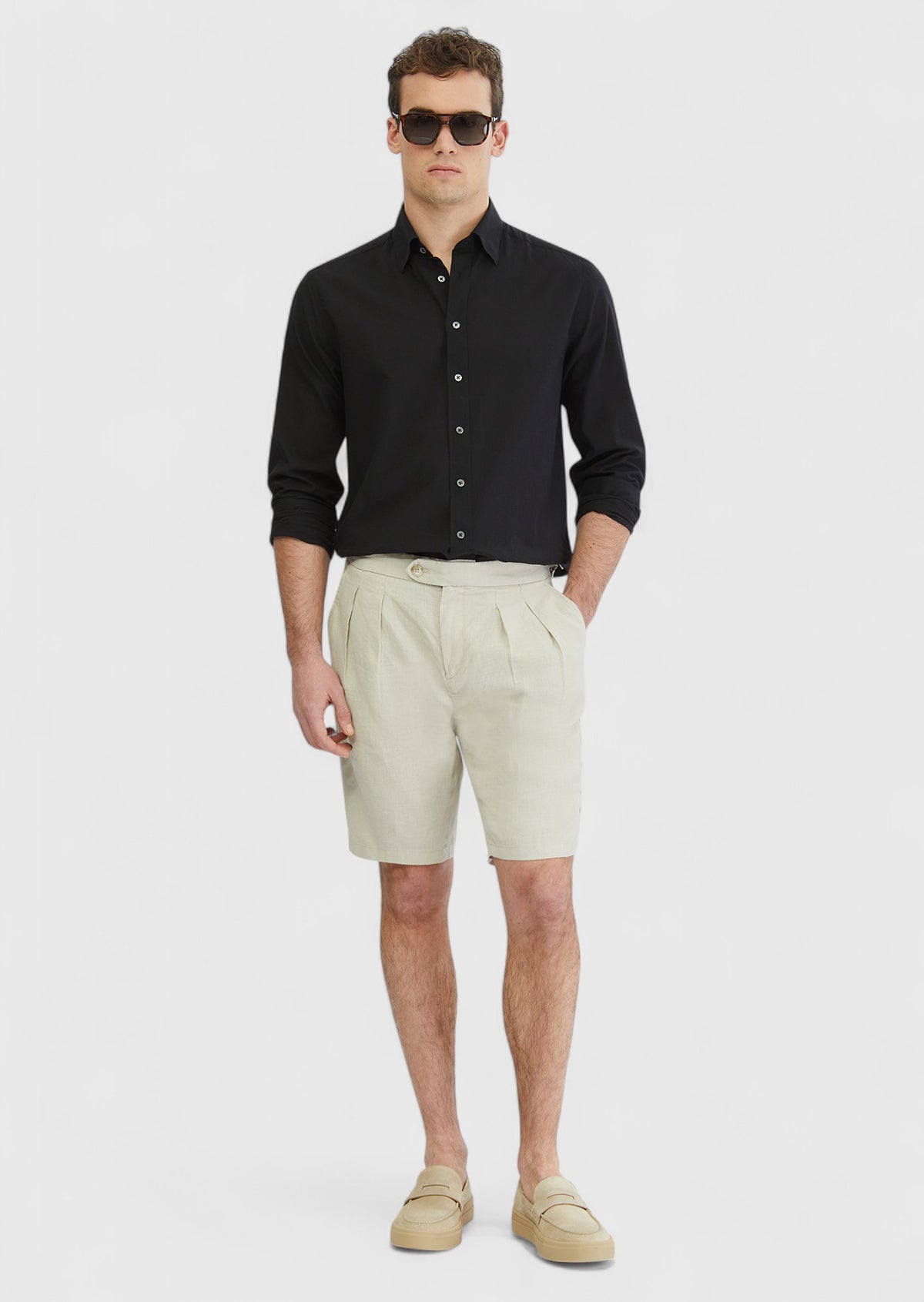 Kum Düz Dokuma Carrot Fit Casual %100 Keten Bermuda