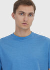 Mavi Düz Bisiklet Yaka %100 Keten T-Shirt