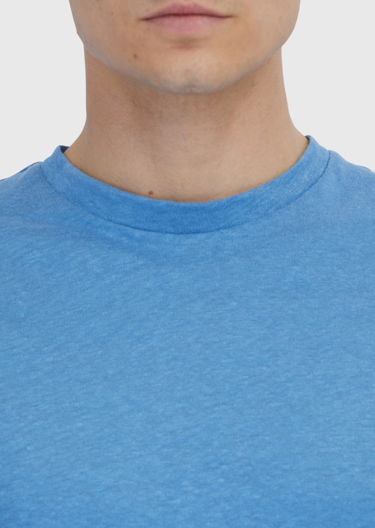 Mavi Düz Bisiklet Yaka %100 Keten T-Shirt