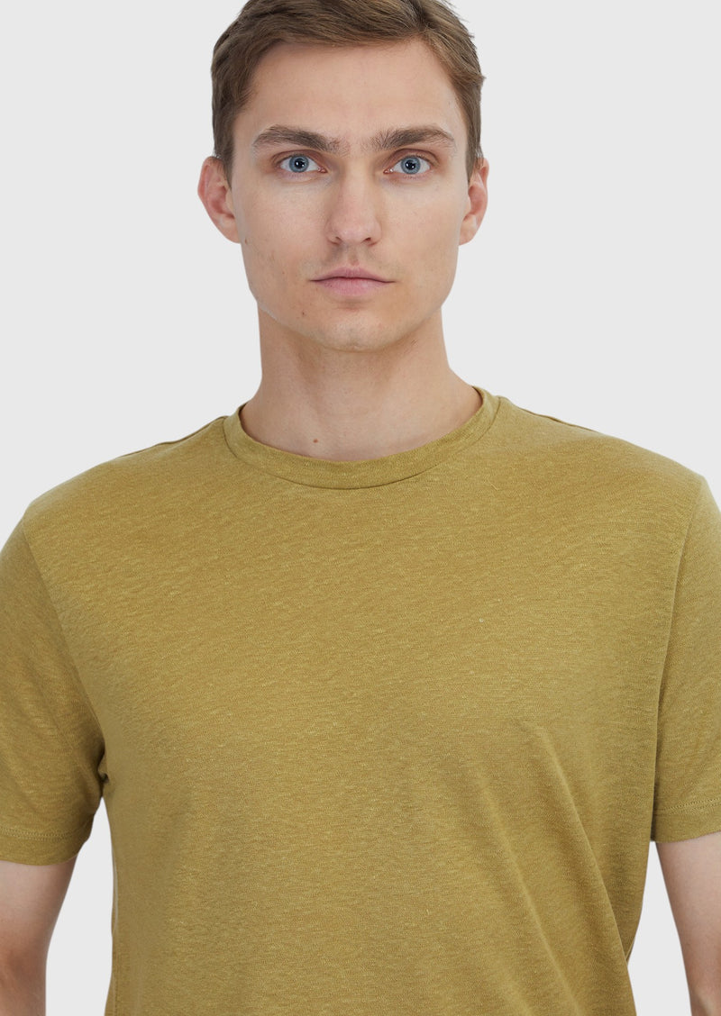 Yağ Yeşili Düz Bisiklet Yaka %100 Keten T-Shirt