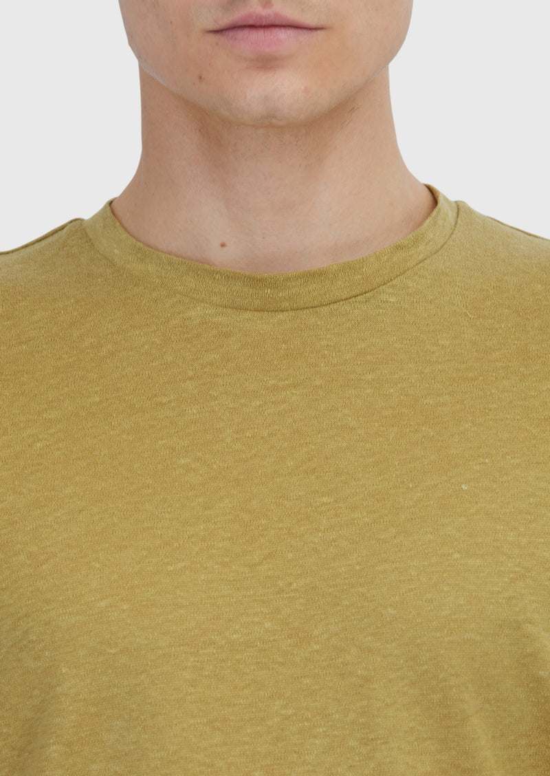 Yağ Yeşili Düz Bisiklet Yaka %100 Keten T-Shirt