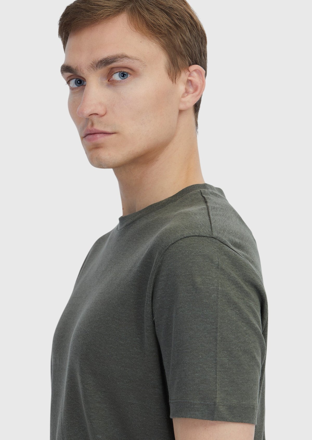 Haki Düz Bisiklet Yaka %100 Keten T-Shirt