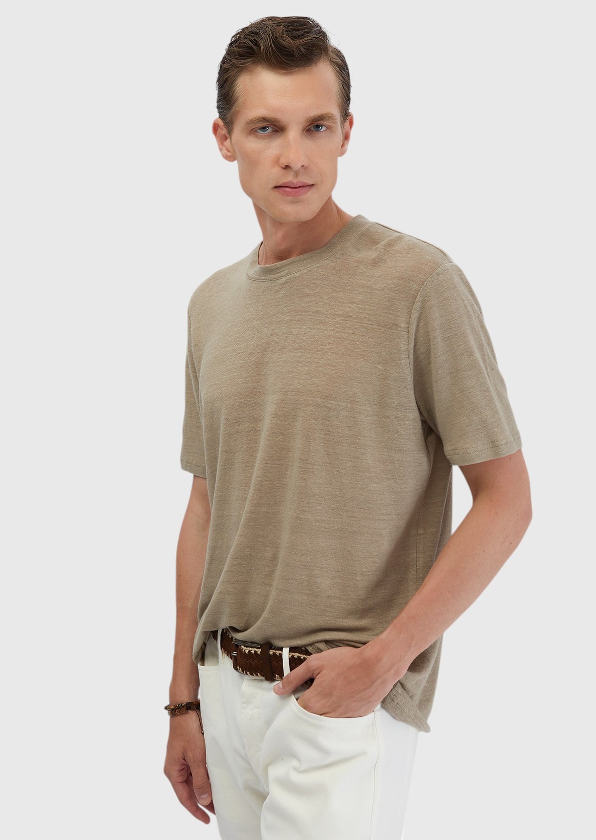 Vizon Düz Bisiklet Yaka %100 Keten T-Shirt