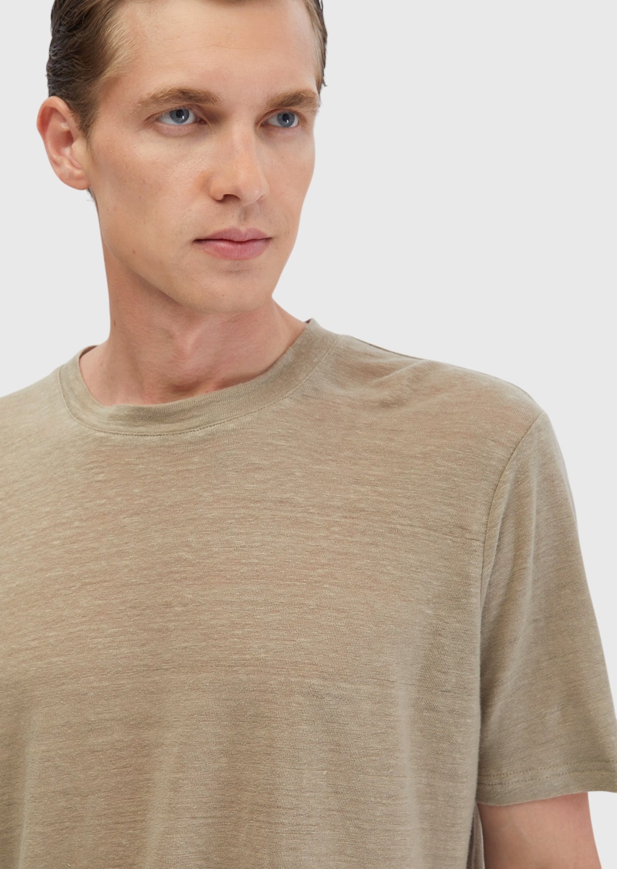 Vizon Düz Bisiklet Yaka %100 Keten T-Shirt