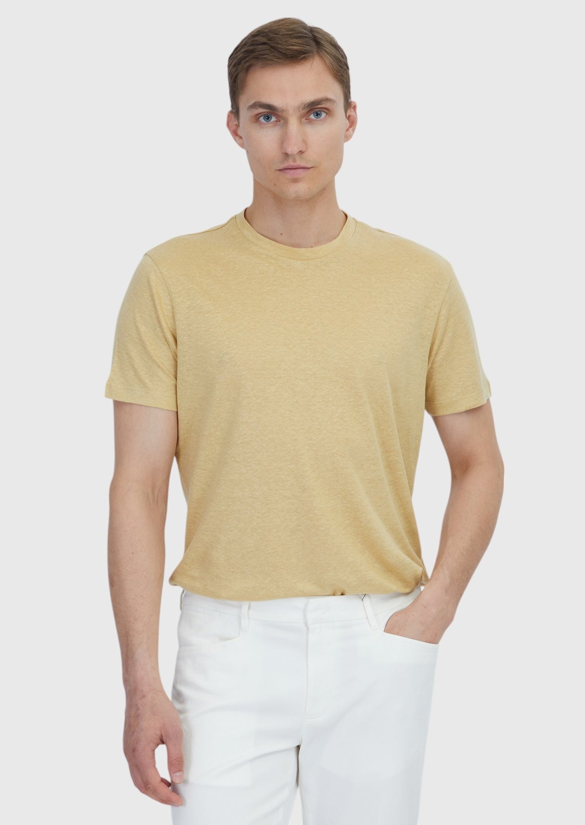 Safran Düz Bisiklet Yaka %100 Keten T-Shirt